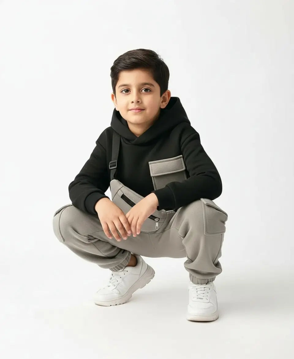 Child wearing a black hoodie and gray overalls on a white background