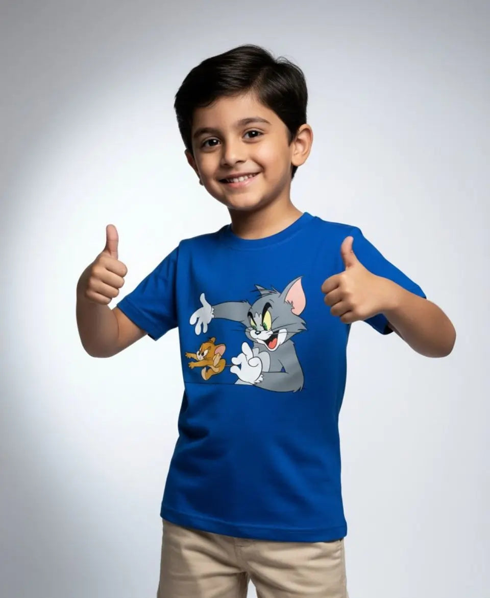 Child wearing a blue t-shirt with cartoon characters, giving a thumbs-up gesture on a plain background
