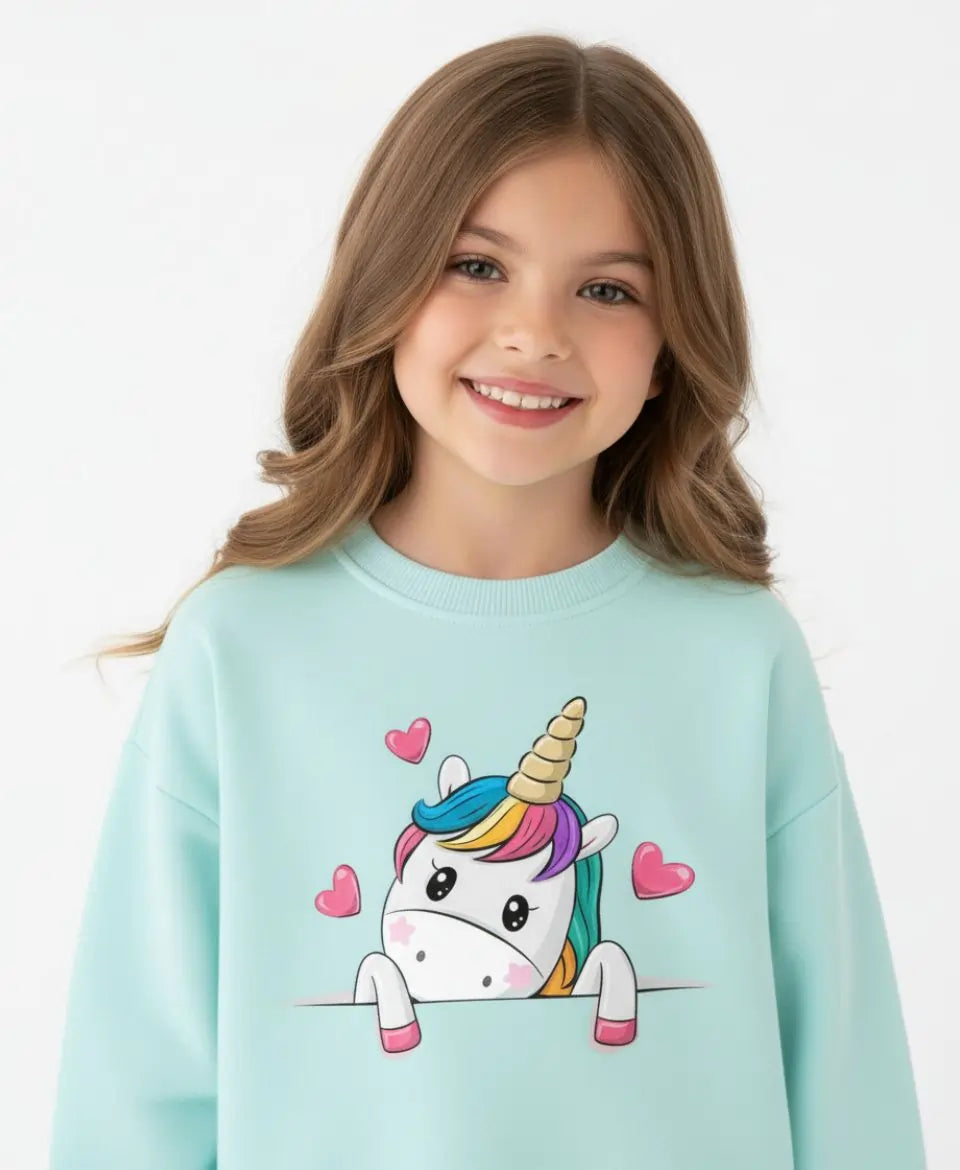 Child wearing a light blue sweatshirt with a unicorn design on a white background