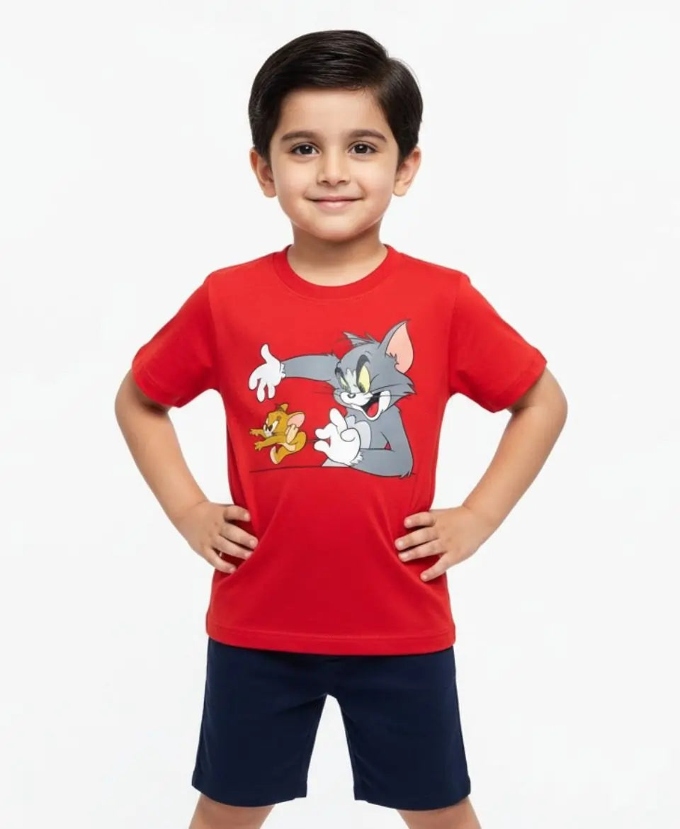Child wearing a red shirt with cartoon characters on a white background