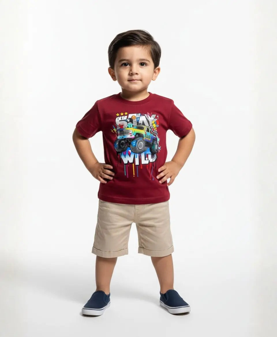 Child wearing a red t-shirt with a graphic design on a white background