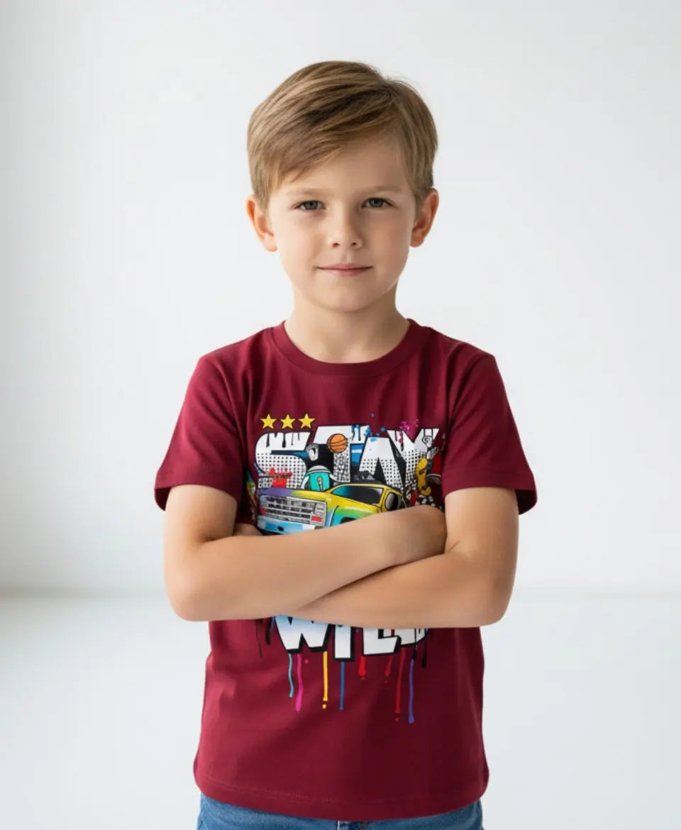 Child wearing a red t-shirt with colorful graphics on a white background