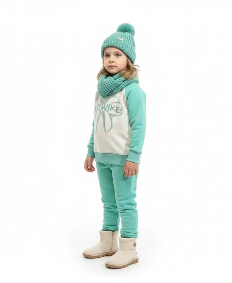 Child wearing a teal and beige outfit with a matching hat on a white background