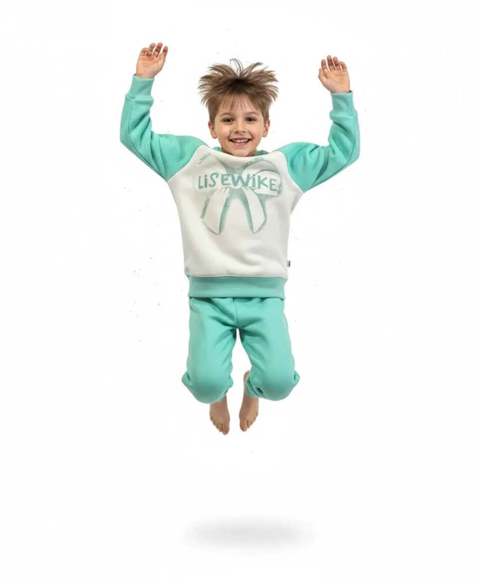 Child wearing a teal and gray outfit with 'LISEWEIKE' branding, jumping on a white background