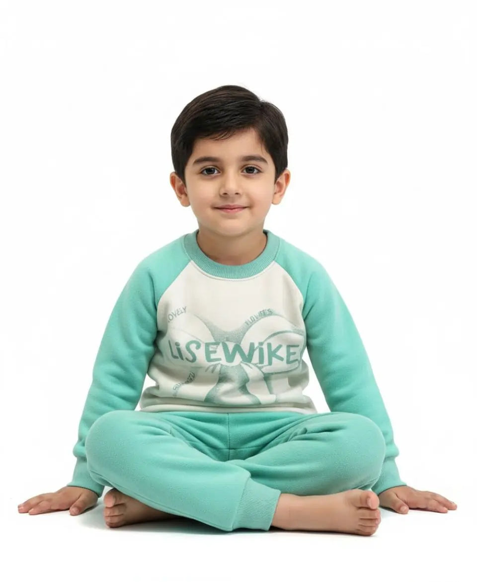 Child wearing a teal and white pajama set with 'Losewike' branding on a white background