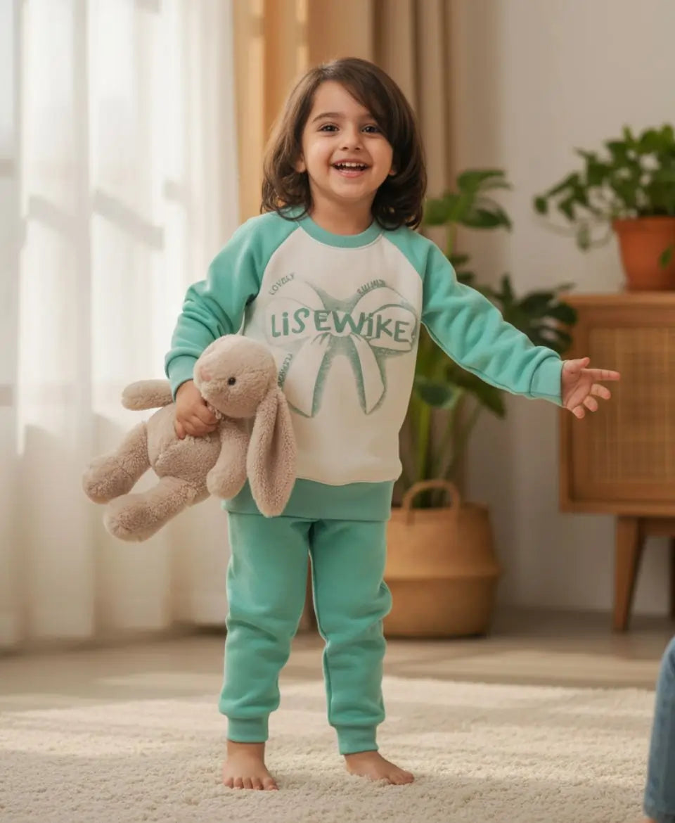 Child wearing a teal and white pajama set with a bunny design, holding a plush toy in a room with plants and a wooden cabinet.