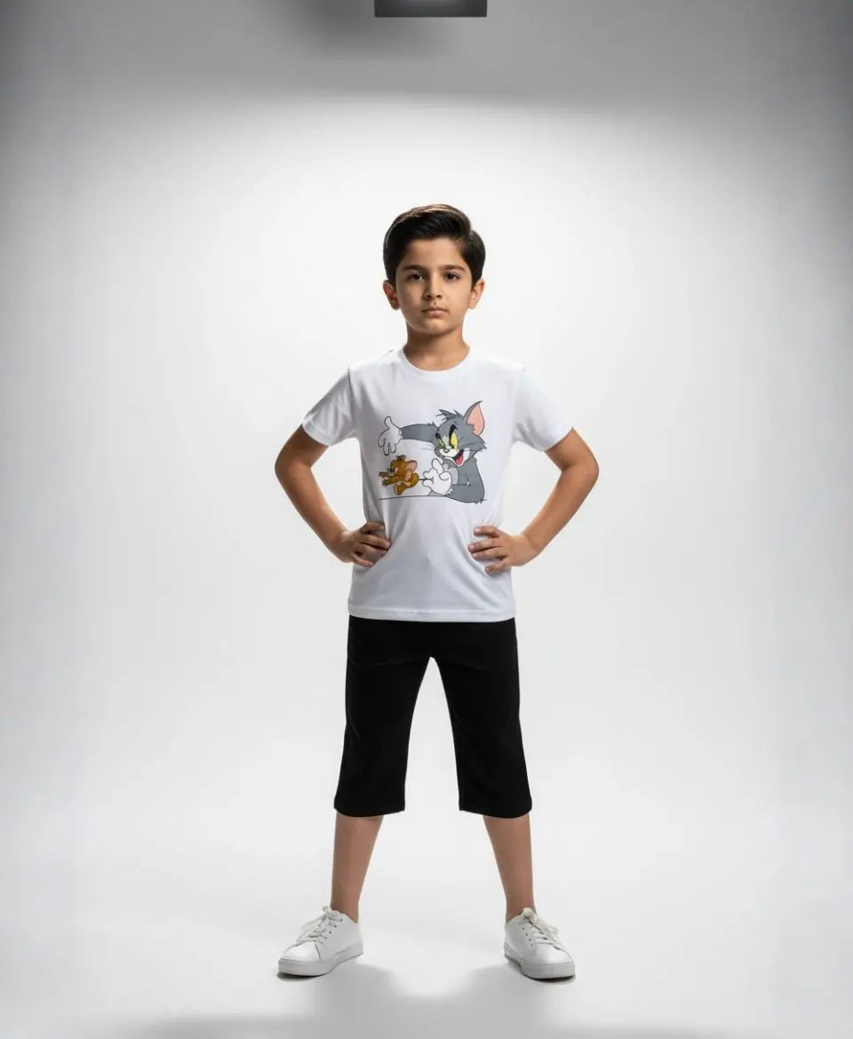 Child wearing a white t-shirt with a graphic design on a gray background