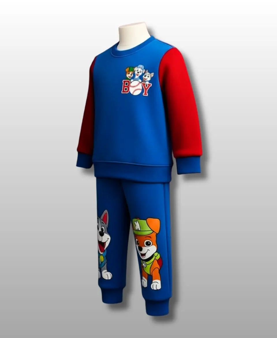 Children's blue and red outfit with cartoon characters on a gray background