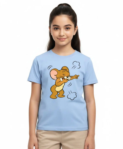 Girl wearing a light blue t-shirt with a cartoon character on a white background