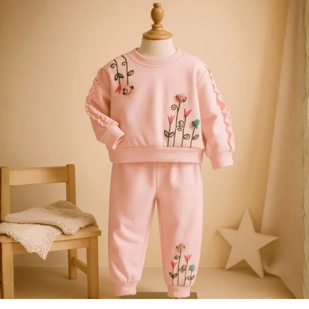 Girls Cotton Fleece Floral Sweatshirt & Trouser Set – Cozy Winter Wear