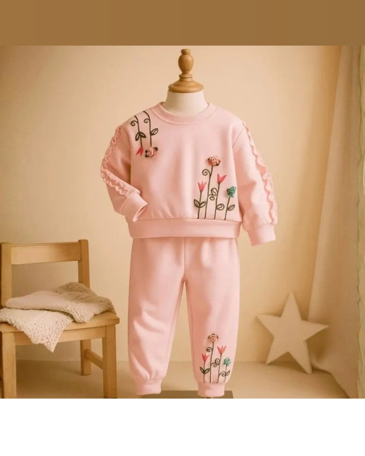 Girls Cotton Fleece Floral Sweatshirt & Trouser Set – Cozy Winter Wear