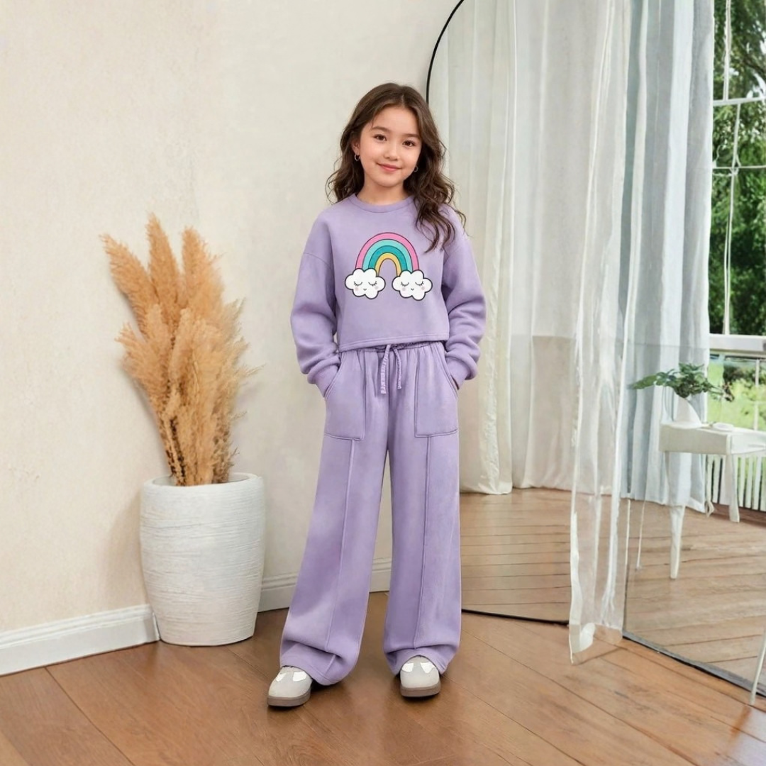 Girls Lilac Cute Rainbow & Sleeping Clouds Graphic Sweatshirt & Wide-Leg Pocket Pants Set | Casual Winter Wear