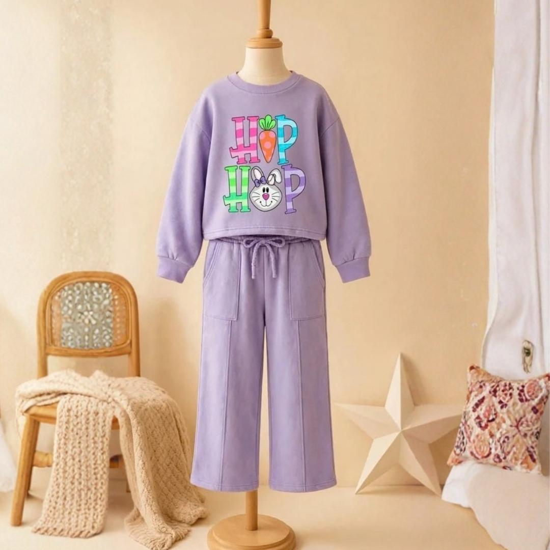 Girls Lilac "HOP" Bunny Graphic Sweatshirt & Wide-Leg Pocket Pants Set | Casual Winter Wear