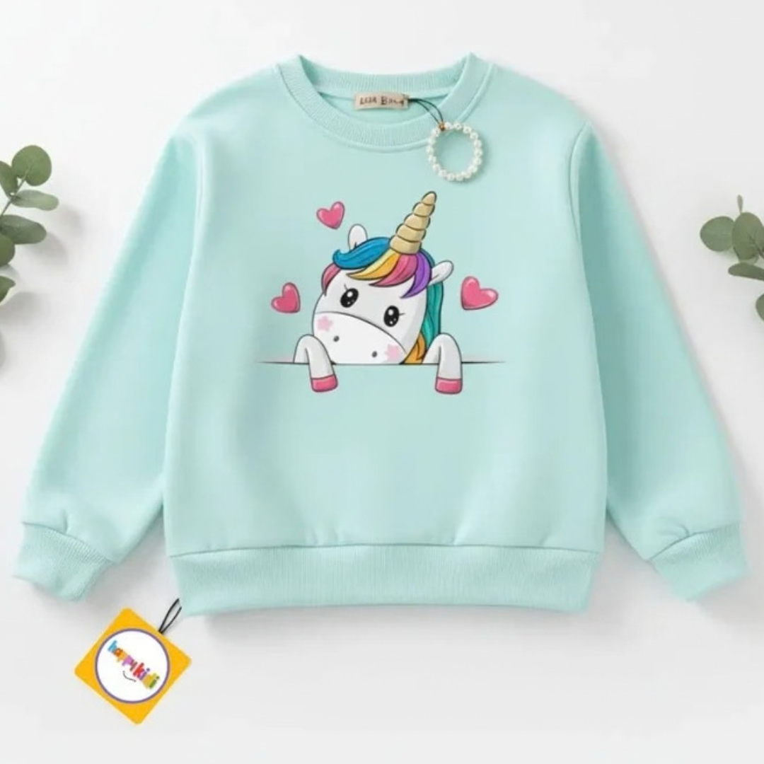 Girls Mint Blue Unicorn Fleece Sweatshirt