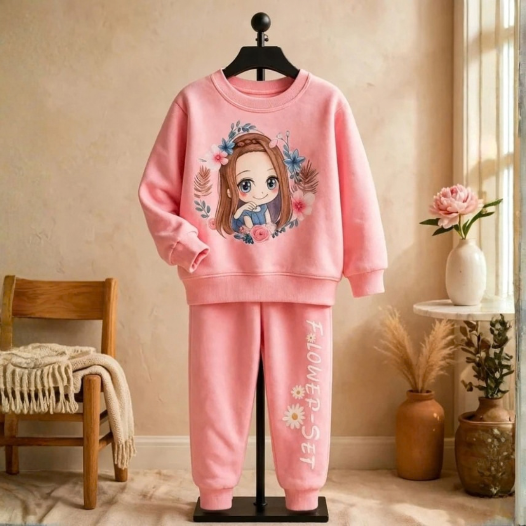 Girls Pink Cartoon Fleece Winter Set