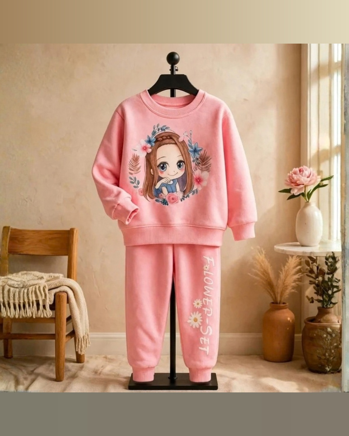 Girls Pink Cartoon Fleece Winter Set