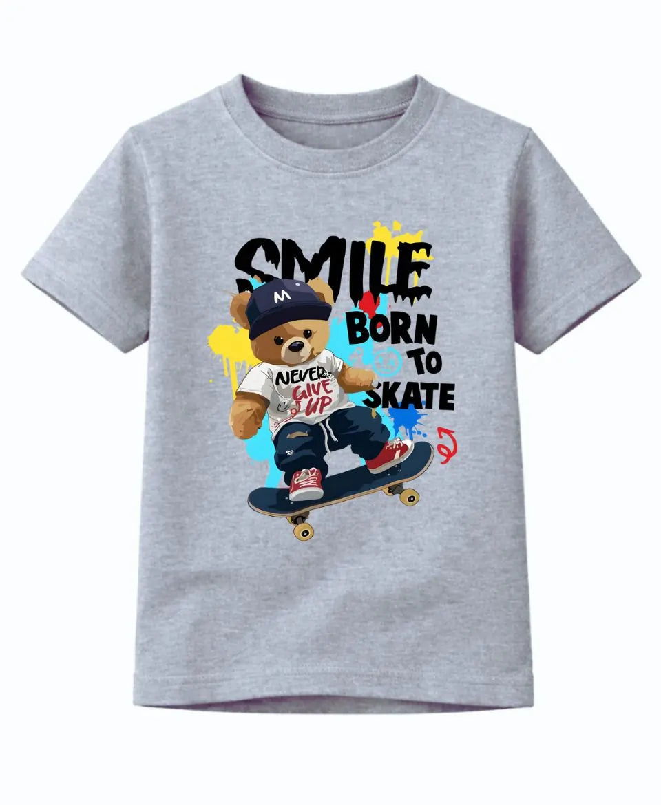Gray t-shirt with a bear graphic and text on a white background