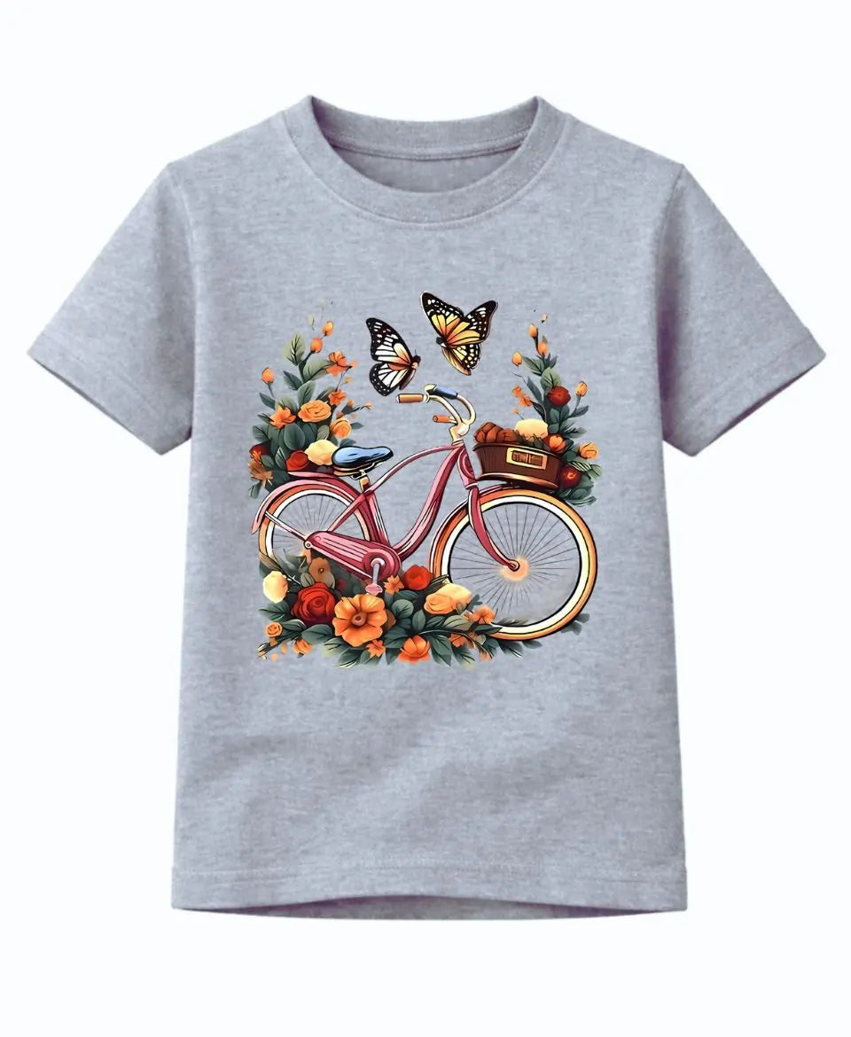 Gray t-shirt with a bicycle and butterfly graphic on a white background