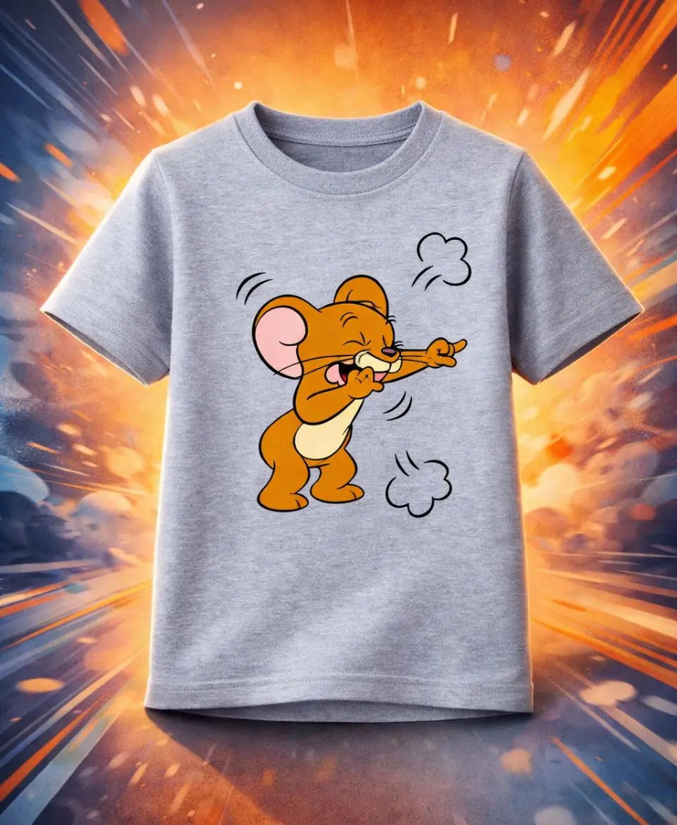 Gray t-shirt with a cartoon mouse design on a dynamic background