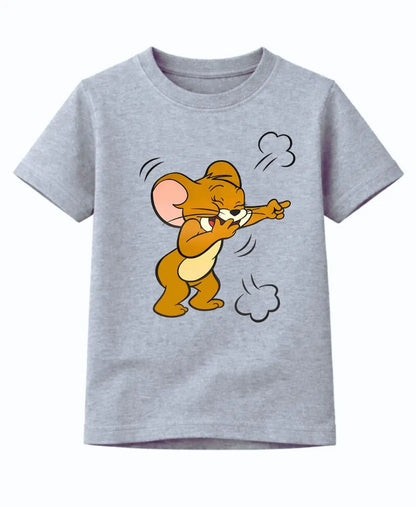 Gray t-shirt with a cartoon mouse design on a white background