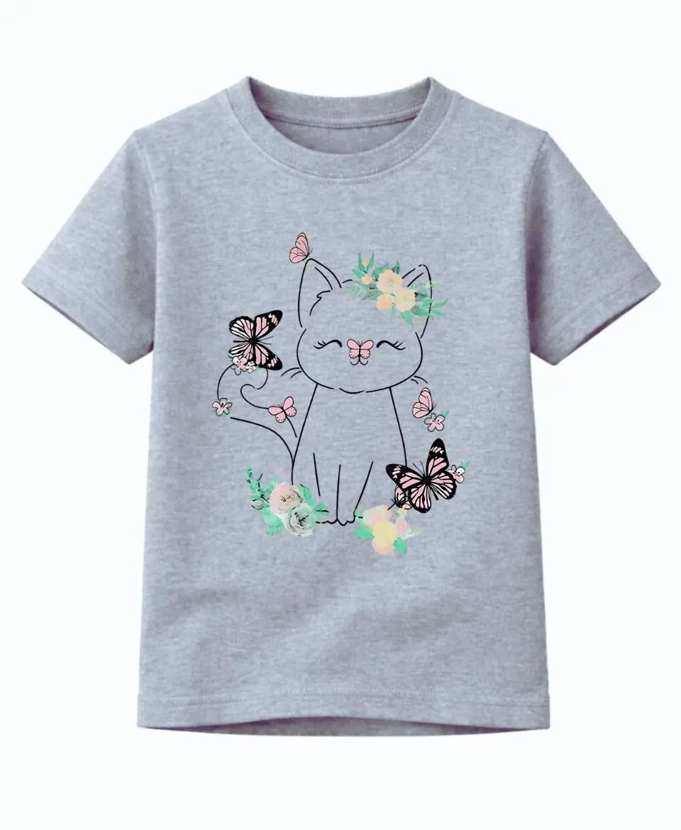 Gray t-shirt with a cat and butterfly design on a white background