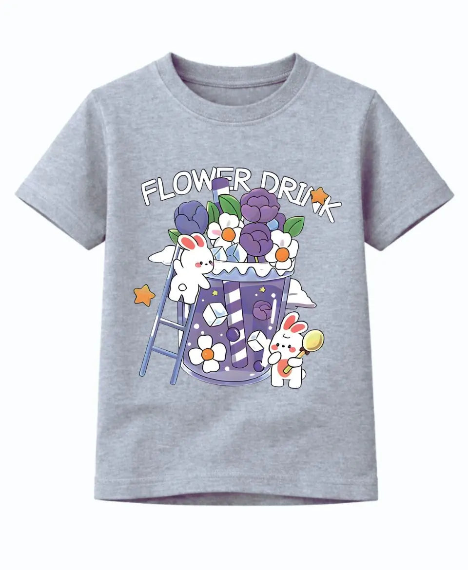 Gray t-shirt with a colorful graphic of a cup with flowers and text on a white background
