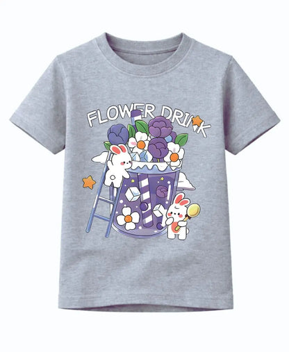 Gray t-shirt with a colorful graphic of a cup with flowers and text on a white background