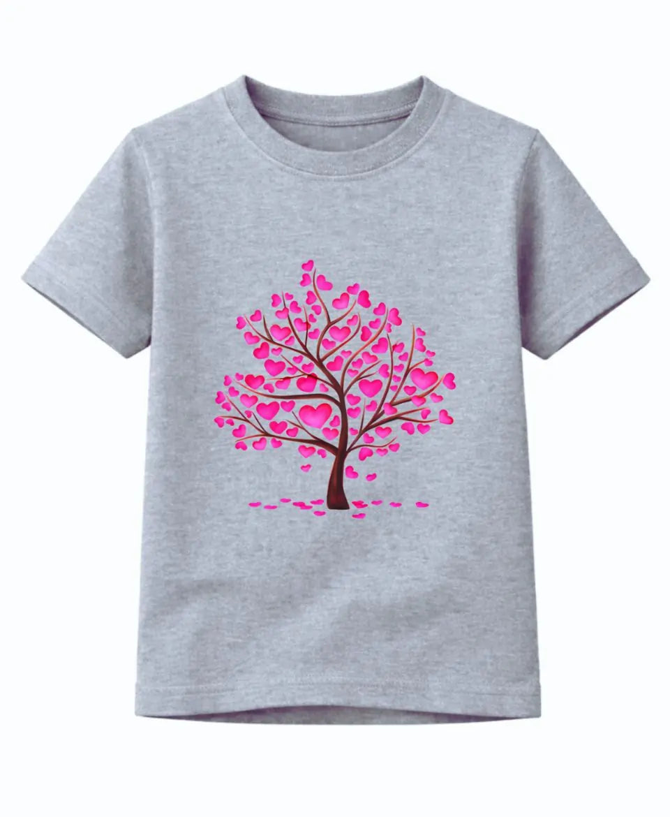 Gray t-shirt with a pink heart-shaped tree design on a white background