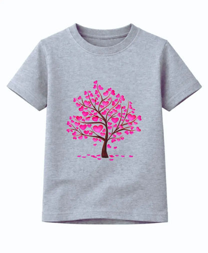 Gray t-shirt with a pink heart-shaped tree design on a white background