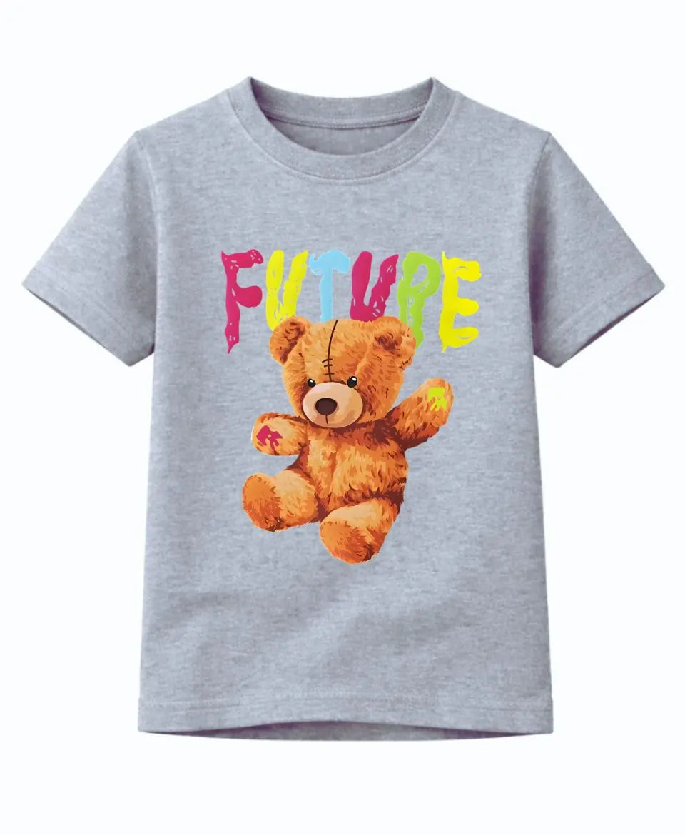 Gray t-shirt with a teddy bear graphic and colorful 'FUTURE' text on a white background