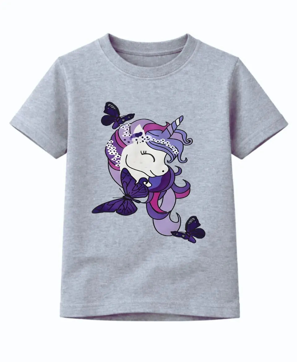 Gray t-shirt with a unicorn and butterfly design on a white background