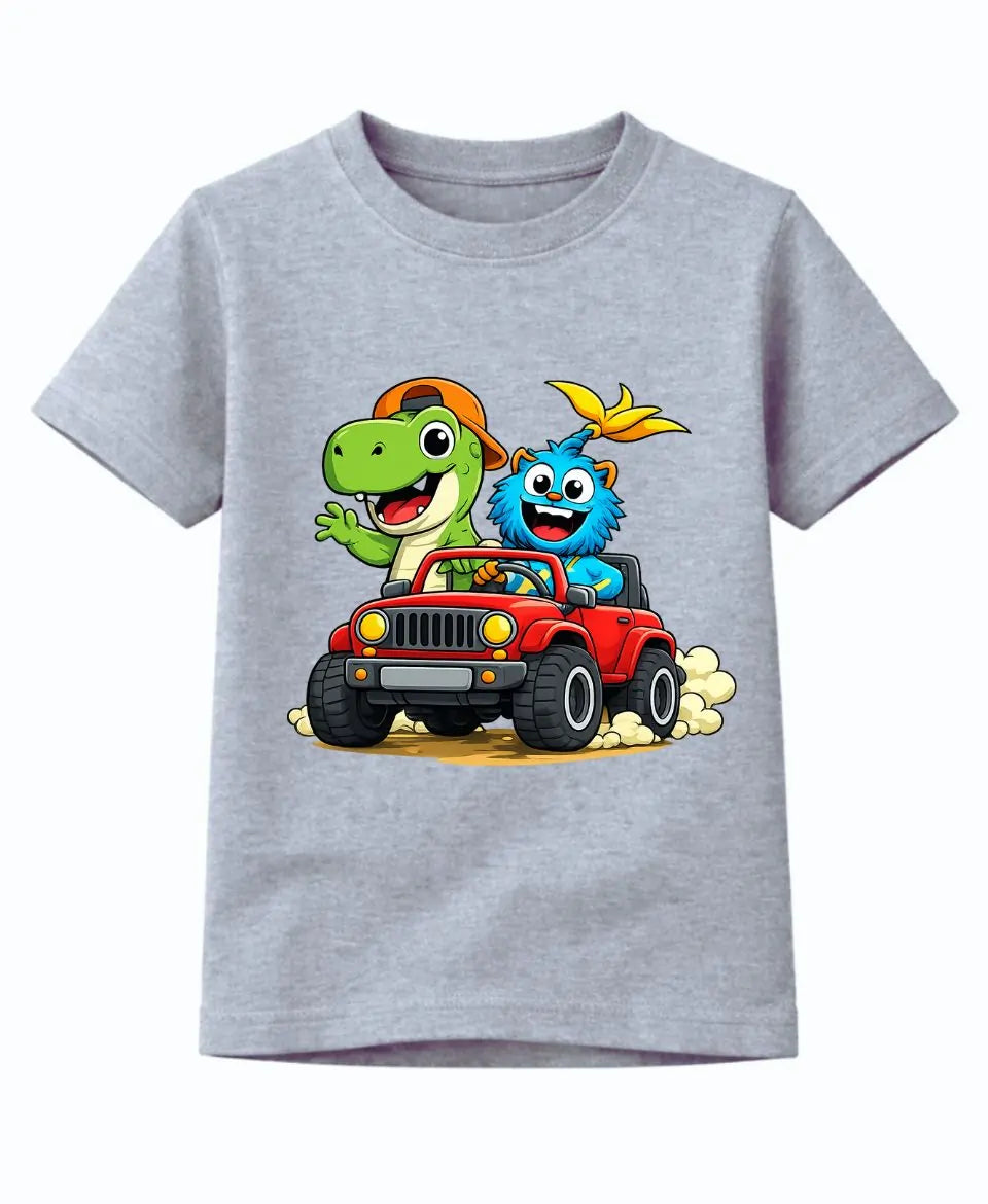 Gray t-shirt with cartoon characters driving a jeep on a white background