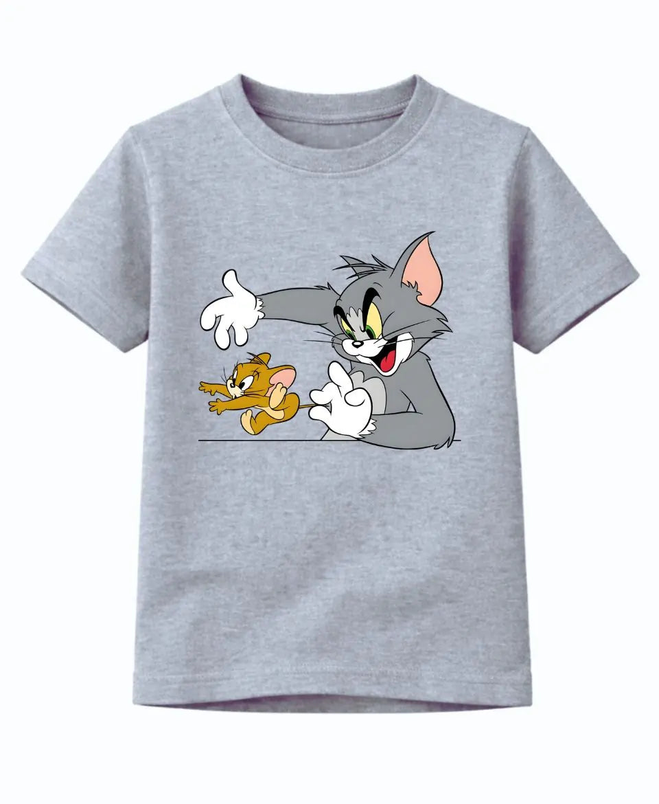 Gray t-shirt with cartoon characters on a white background