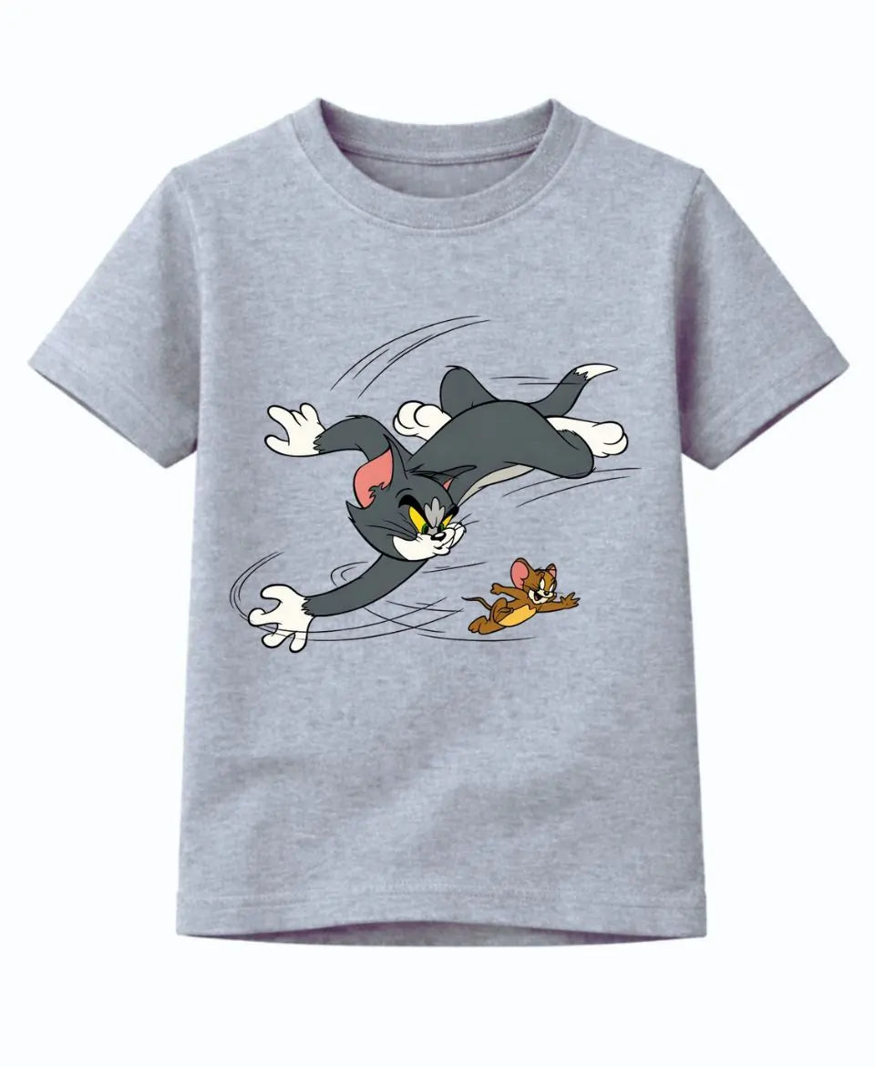 Gray t-shirt with cartoon design of a cat and mouse on a white background