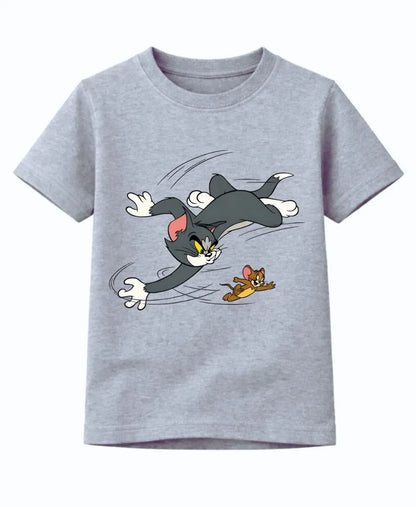 Gray t-shirt with cartoon design of a cat and mouse on a white background