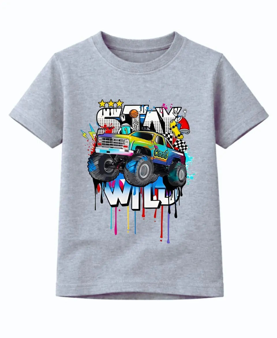 Gray t-shirt with colorful monster truck graphic and text on a white background