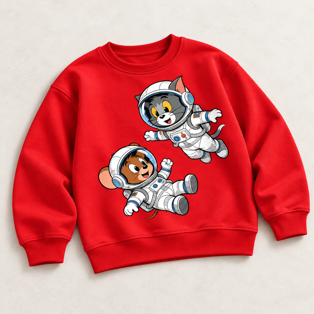 AI-styled Red Tom and Jerry astronaut sweatshirt alternate flatlay view
