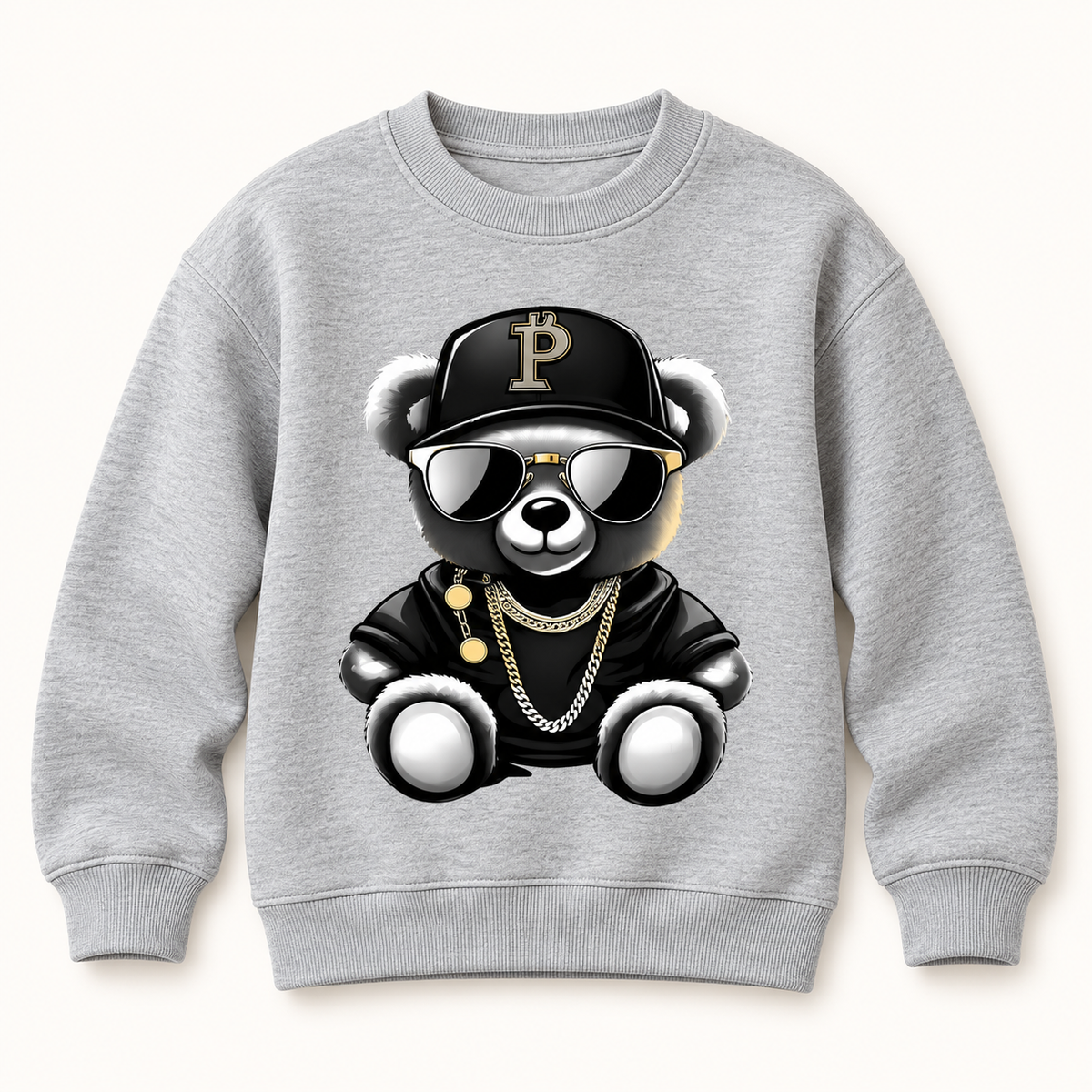 Grey Hip Hop Bear kids sweatshirt, AI-styled catalogue image