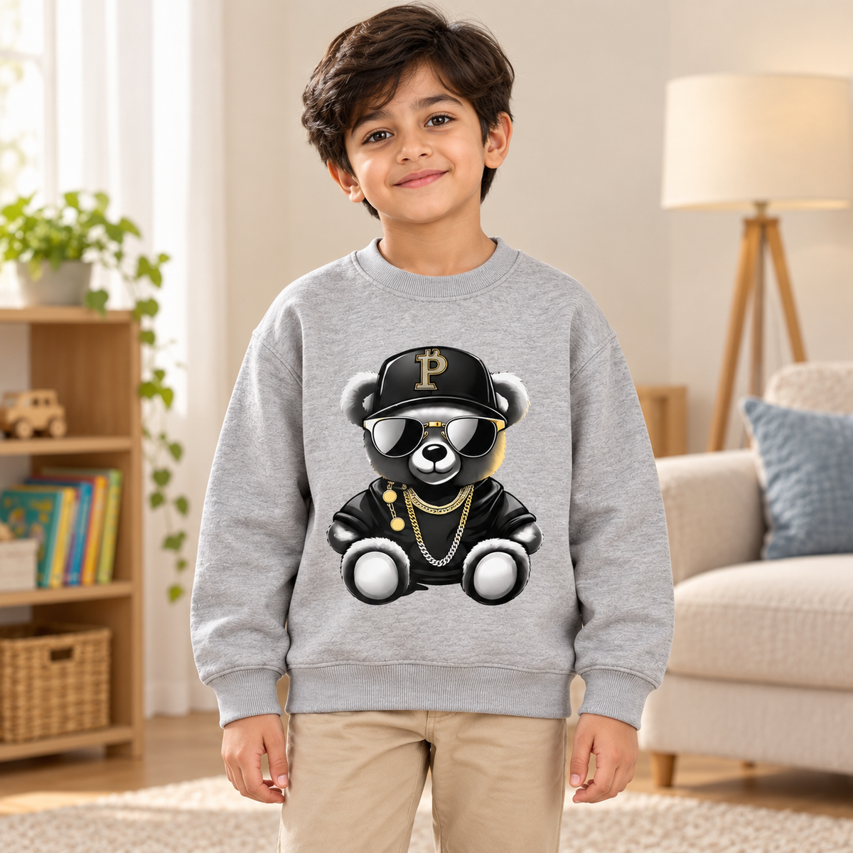 AI-styled Grey Hip Hop Bear sweatshirt model view