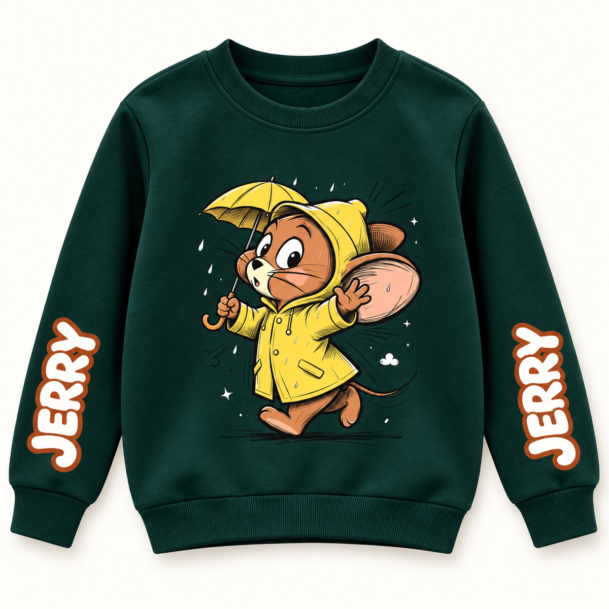 Dark Green Jerry Raincoat kids sweatshirt, AI-styled catalogue image