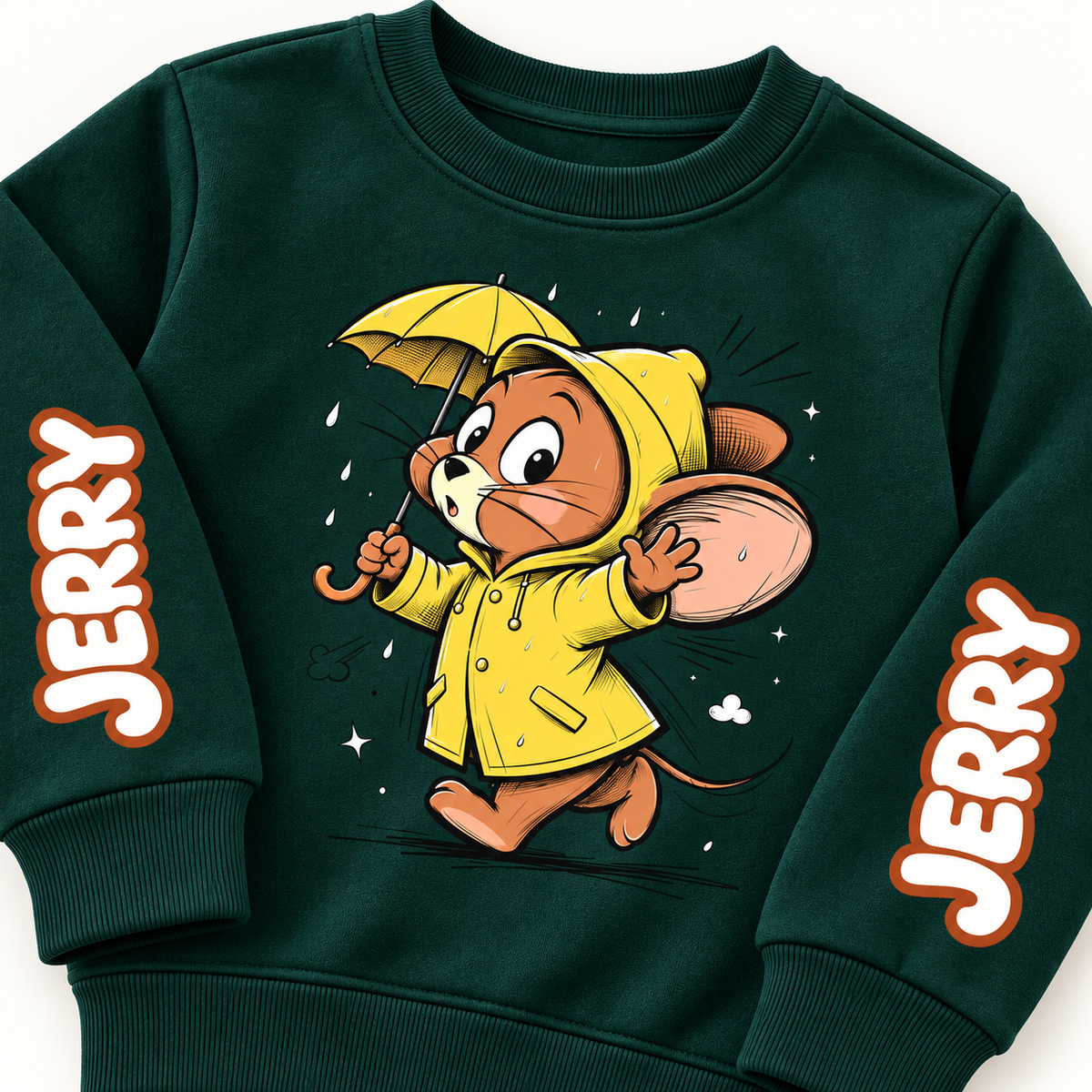 AI-styled Dark Green Jerry Raincoat sweatshirt detail view