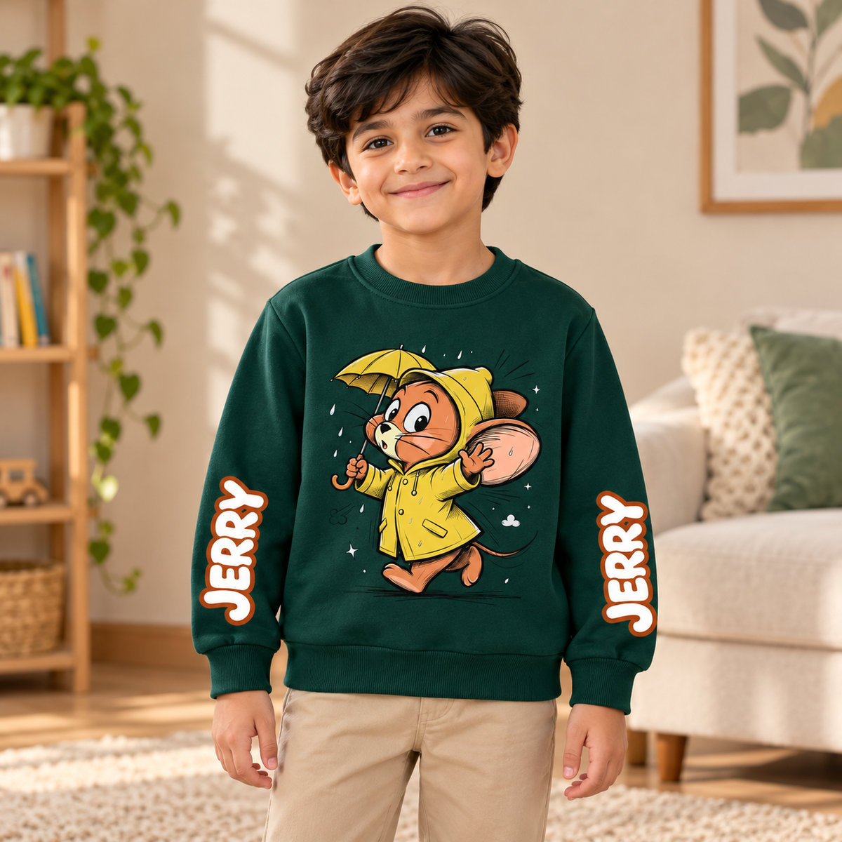 AI-styled Dark Green Jerry Raincoat sweatshirt model view
