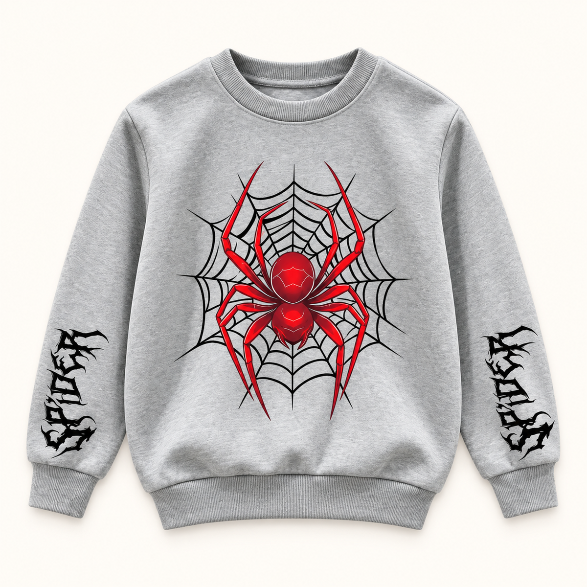 Grey Red Spider Web kids sweatshirt, AI-styled catalogue image