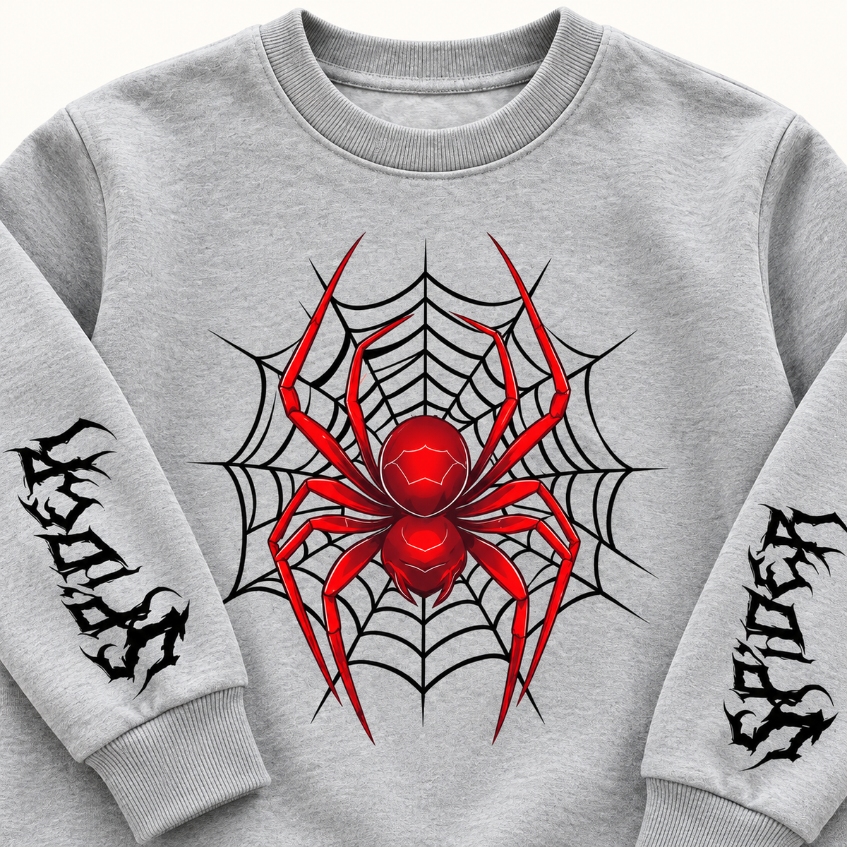 AI-styled Grey Red Spider Web sweatshirt detail view