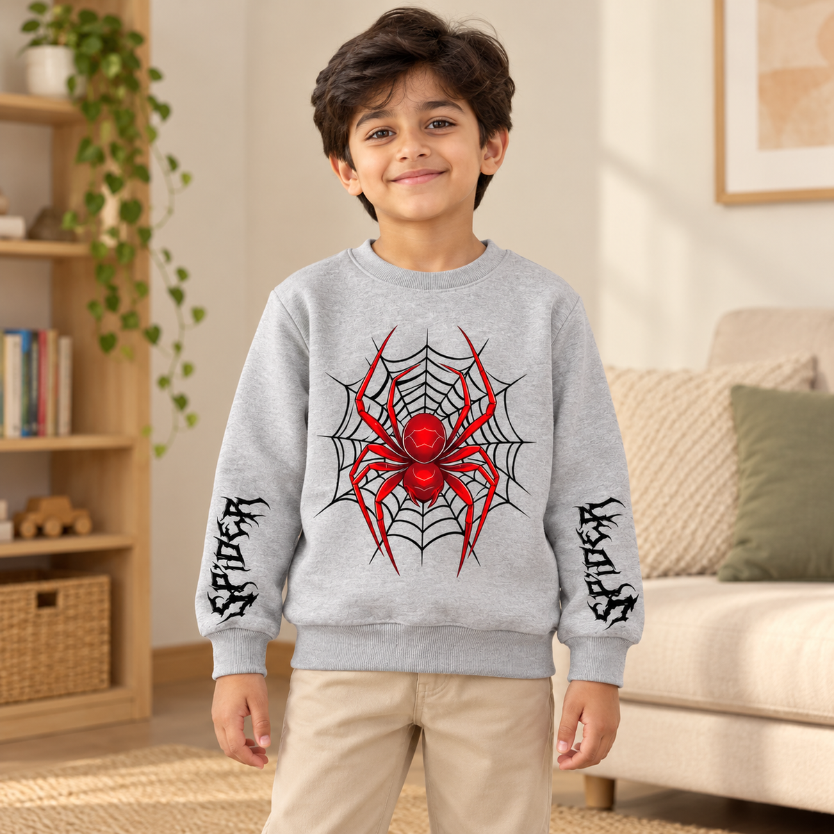 AI-styled Grey Red Spider Web sweatshirt model view