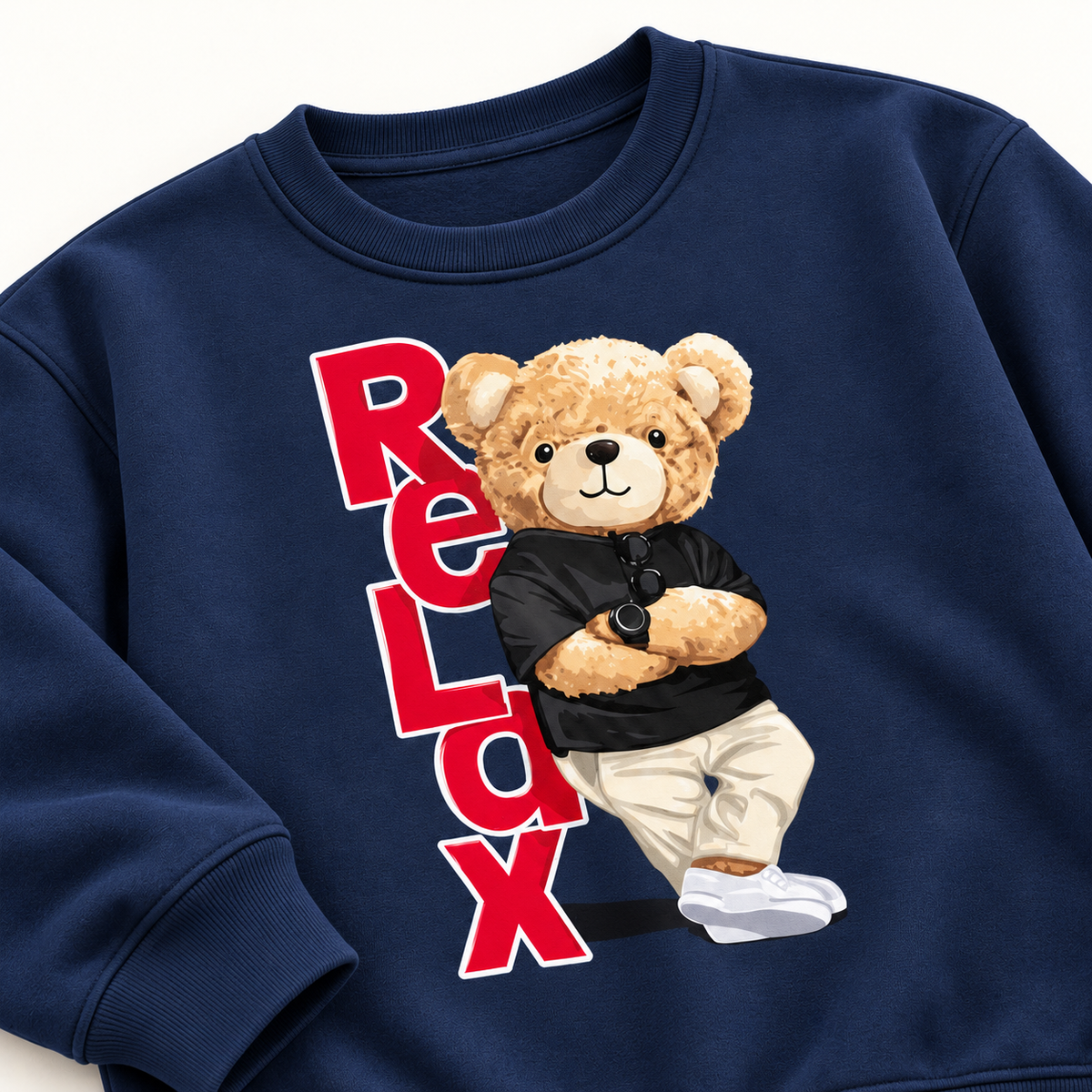 AI-styled Navy Relax Bear sweatshirt detail view