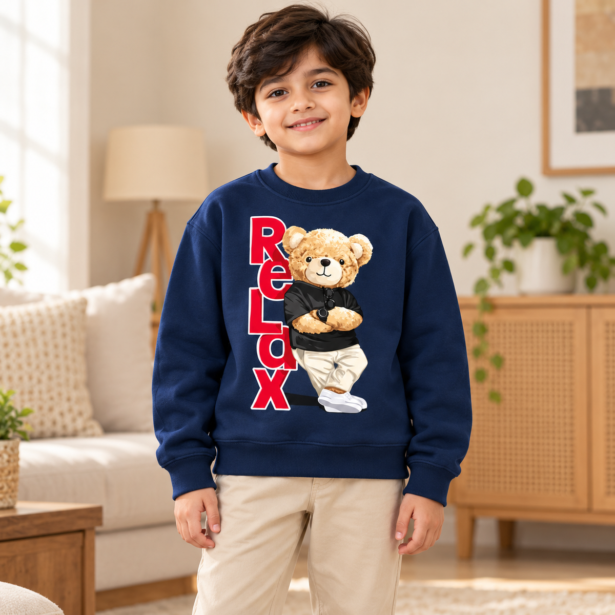 AI-styled Navy Relax Bear sweatshirt model view