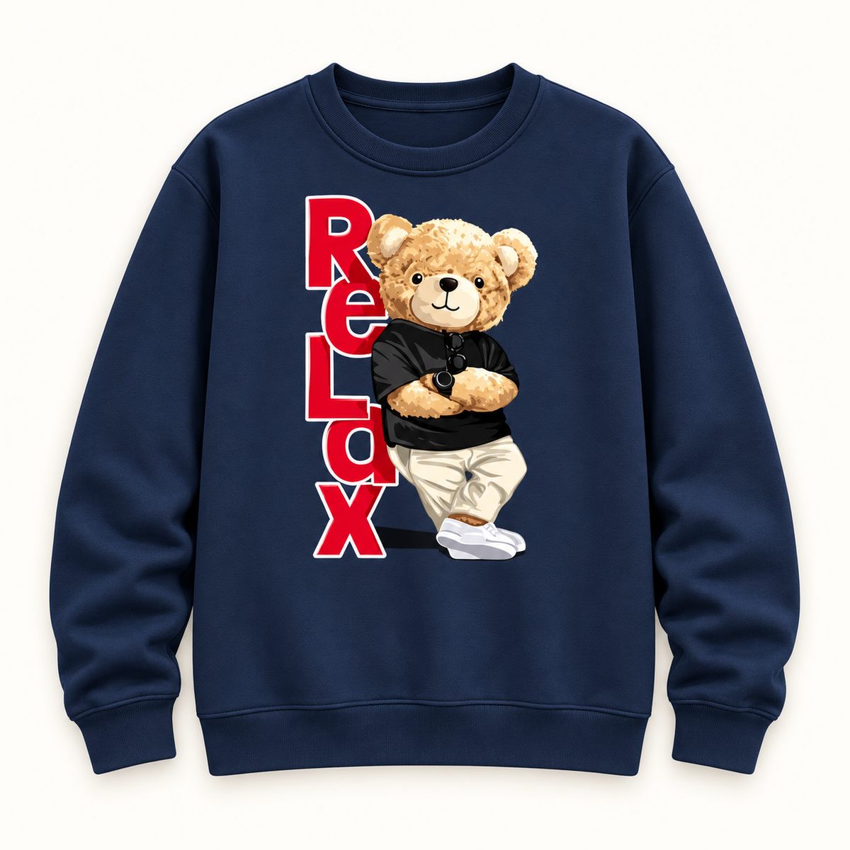 Navy Relax Bear kids sweatshirt, AI-styled catalogue image