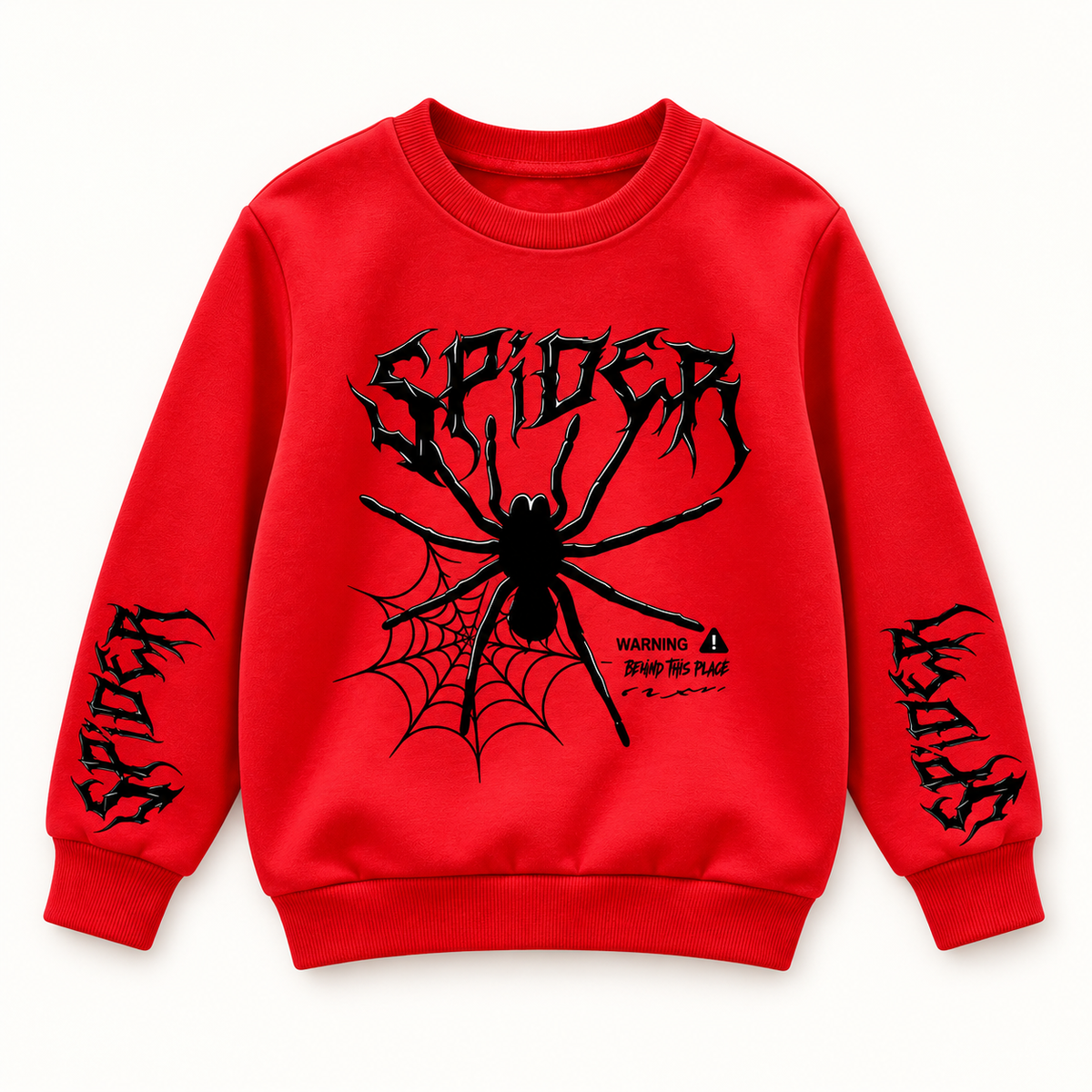 Red Spider kids sweatshirt, AI-styled catalogue image