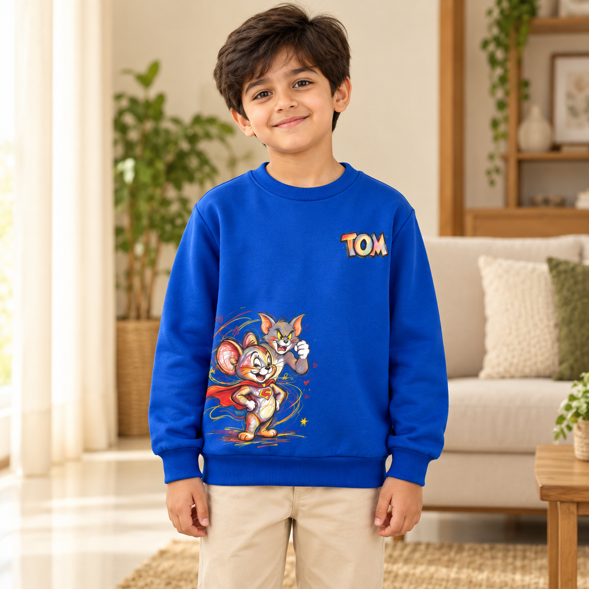 AI-styled Blue Tom & Jerry sweatshirt model view